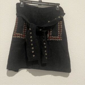 Anthropologie Rosie Neira Dark Gray Wool Belted Eyelet Detail Mini Skirt Small